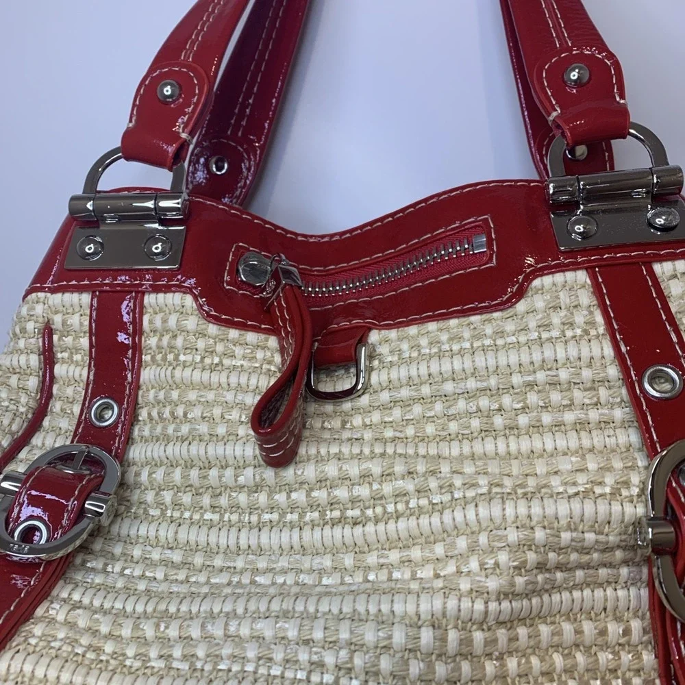 Rafe New York Handbag Rattan Straw With Red Pantent Trim Dust Bag